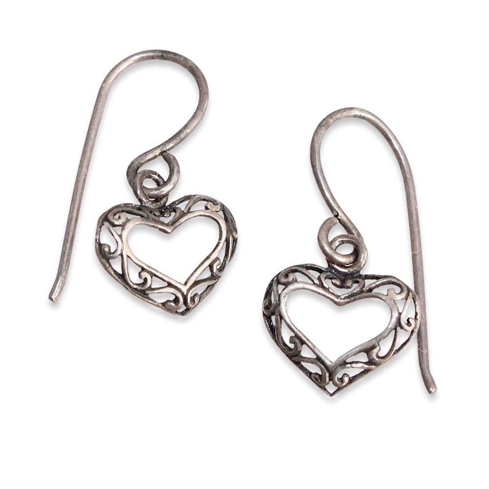 Vintage Sterling Silver Open Heart Dangle Earrings Ornate Filigree Openwork